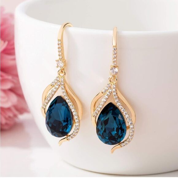 14K Yellow Gold and London Blue Topaz Austrian Crystal Twisted Teardrop Earrings - Picture 3 of 6